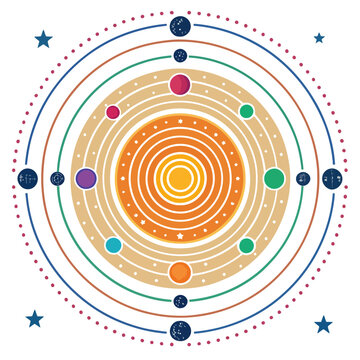 A colorful vector illustration of the solar system with planets and stars