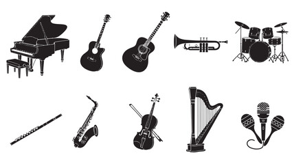 Musical Instruments Collection in Simple Black Silhouette on White Background for Music Education