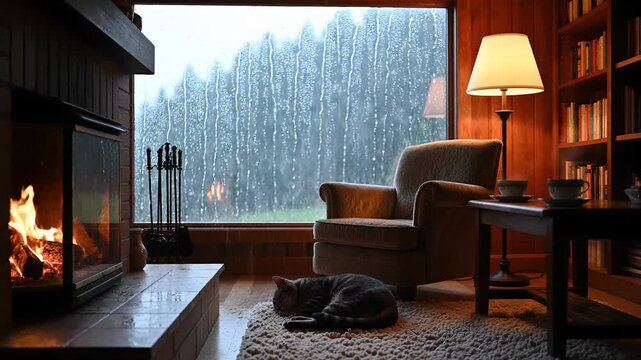 Cozy Rainy Day: Cat Naps by Fireplace, Bookshelf, and Window View