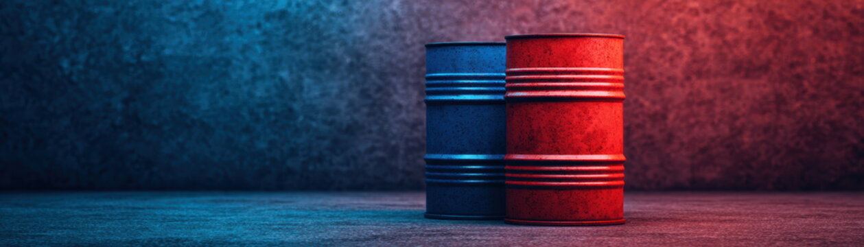 Two Industrial Metal Oil Drums Lit by Red and Blue Light in Dark Space Energy Concept Energy Storage Drama Barrels of Market Tension