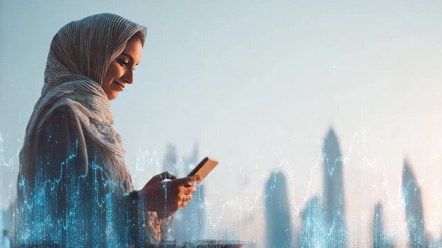 Digital Connection: A woman, headscarf on, engages with a device, possibly navigating the city's digital network, highlighting the intersection of tradition and technology within the urban landscape.