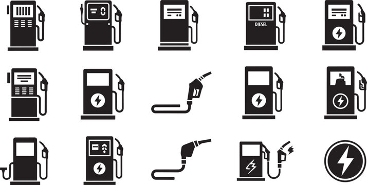 Black and white gas pump icons with electric fuel stations