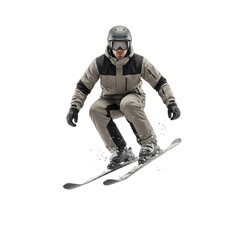 Skier in full gear mid-action skiing downhill on snowy slope isolated on transparent background