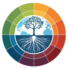 Fototapeta premium A colorful vector graphic illustrating a tree with roots and leaves in a circular design