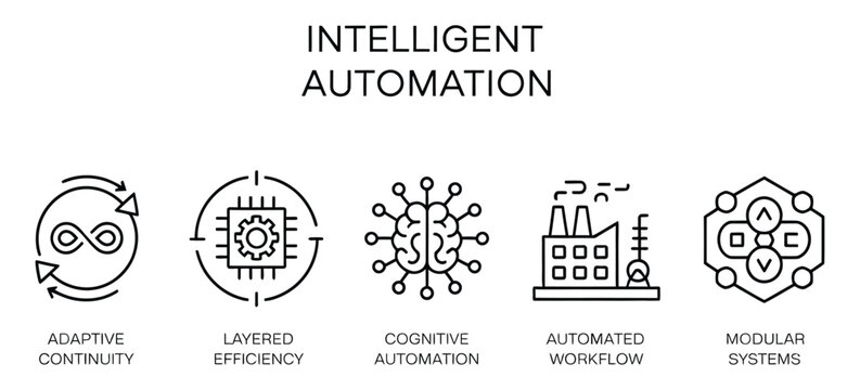 intelligent automation outline icon set featuring infinity gear and factory symbols representing efficiency workflow hierarchy levels badges and modern UI design.