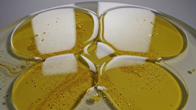 A close-up view of a plate with four sections containing olive oil and white food