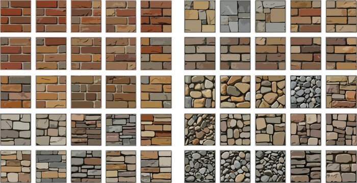Seamless brick and stone wall patterns, paving material swatches for 3D rendering and exterior design.