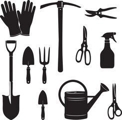 Gardening tools and supplies collection in silhouette including shovel, rake, watering can, gloves, and clippers for garden work