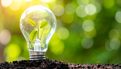 Green Plant Growing Inside Light Bulb Eco Concept with Copy Space