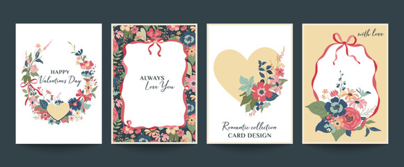 Happy Valentine s Day, Women s Day, March 8. Awesome cards and posters for the romantic holidays. Set of vector illustrations with hearts, ribbons, flowers and bouquets
