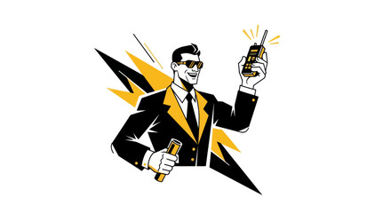 Obraz premium Stylish man holding communication device with lightning illustration