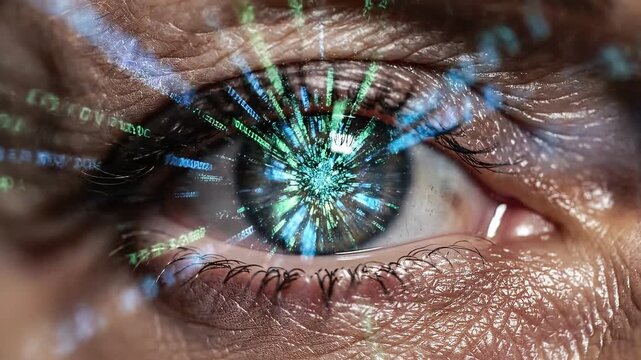 Close up view of human eye with digital overlay concept of technology and data