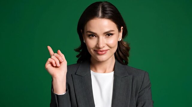 Smiling woman in suit points upwards against green backdrop
