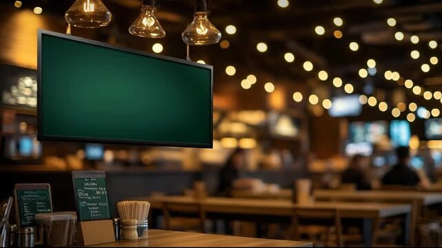Cozy cafe interior with warm lighting and an empty chalkboard.