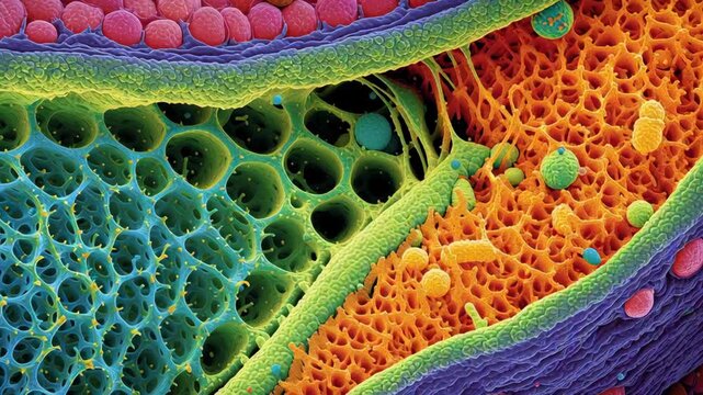 Nipah virus microscopic plant cell structure colorful virus particles detailed cellular texture
