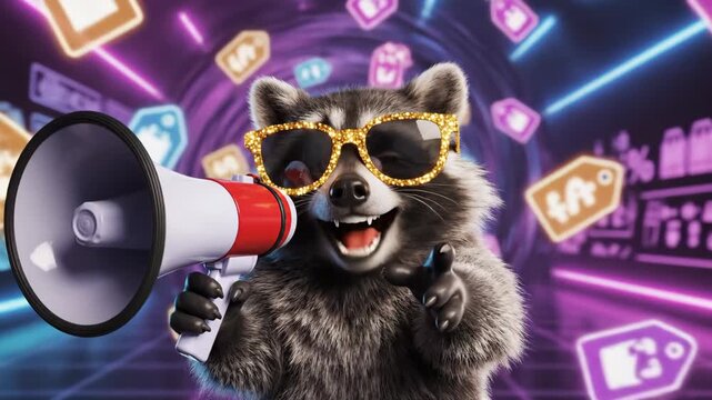 Raccoon Announcing Discount Deals with Megaphone - A charismatic raccoon wearing glittery sunglasses holds a megaphone, announcing the best deals and discounts.