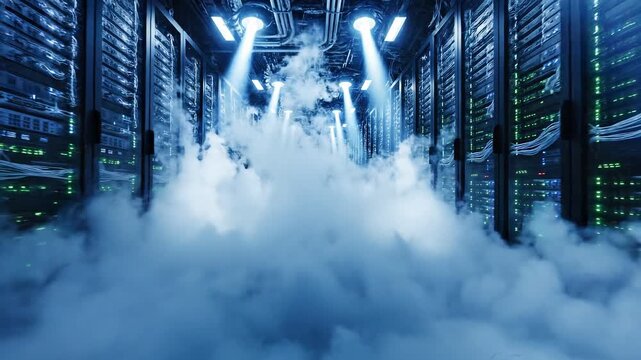 Data center server room with cloud like fog and overhead lighting