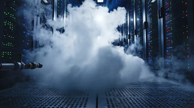 Data center server room with fog or smoke modern technology concept