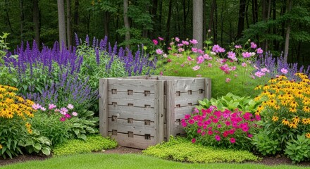 Wooden compost bin nestled amongst vibrant blooming flowers and lush green garden foliage