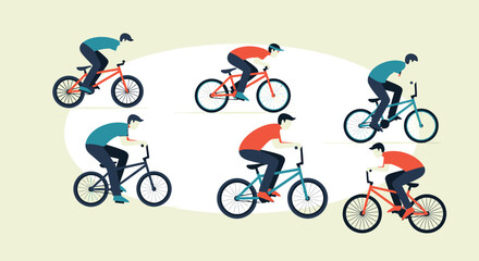 Fototapeta premium Cyclists riding bicycles in various positions and colors.