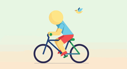 Fototapeta premium A cartoon boy riding a bicycle with birds flying nearby.