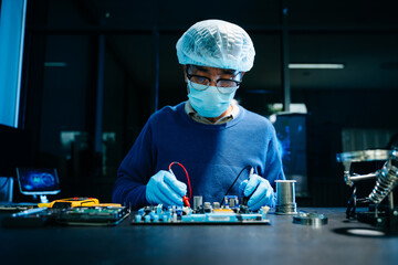 Electronics engineer repairing circuit board in laboratory. Technology, hardware repair, engineering, innovation, diagnostics, and professional technician concept.