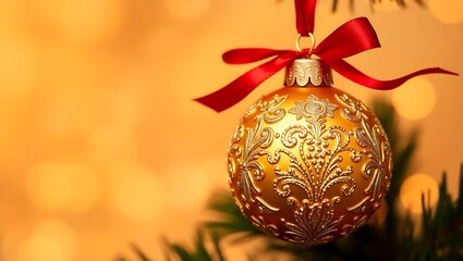 Closeup of a golden christmas ball ornament with red ribbon hanging on a fir tree branch with bokeh background
