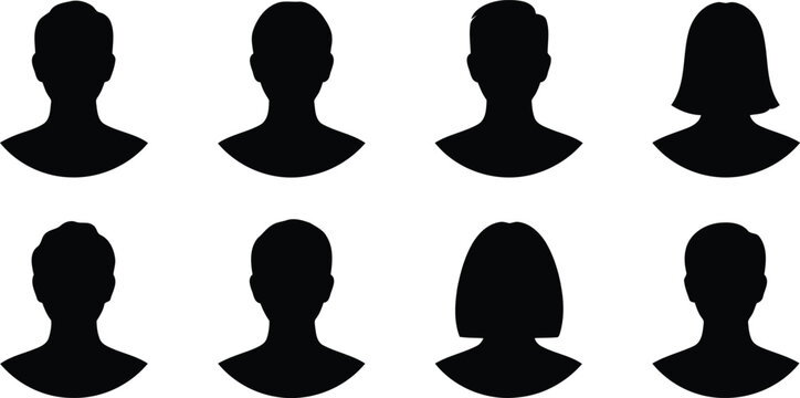 Set of eight black generic people silhouettes representing default user profile pictures and online identities