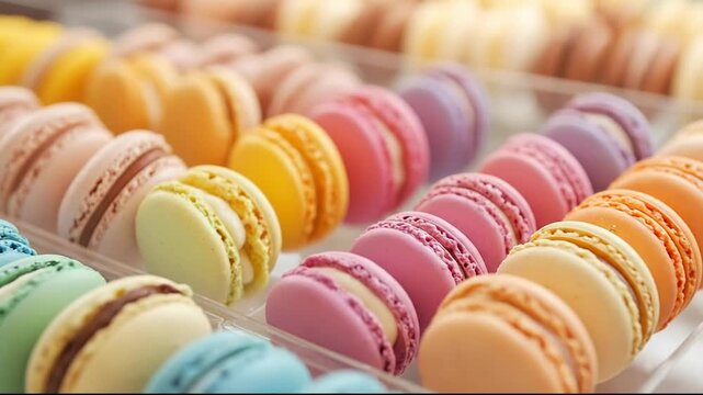 Colorful macarons arranged in a vibrant display, perfect for desserts.