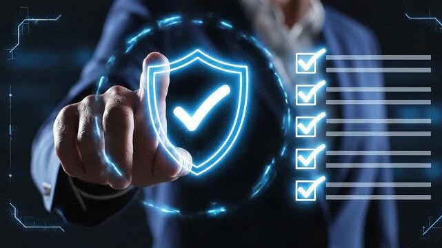 Businessman activating digital security shield with checkmark