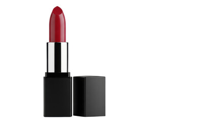 a macro close-up of a luxury lipstick, deep crimson red glossy bullet and sleek matte black rectangular case, isolated on a transparent background, elegant minimalist aesthetic