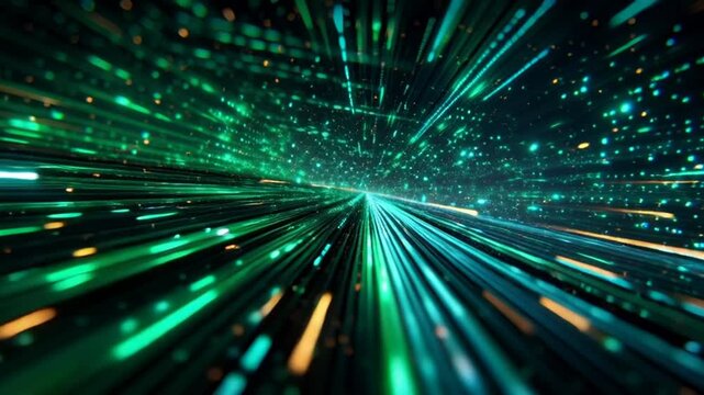 Futuristic digital tunnel with green and blue streaks of light.
