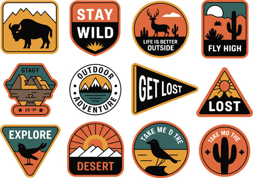 Set of twelve colorful outdoor adventure stickers with nature motifs