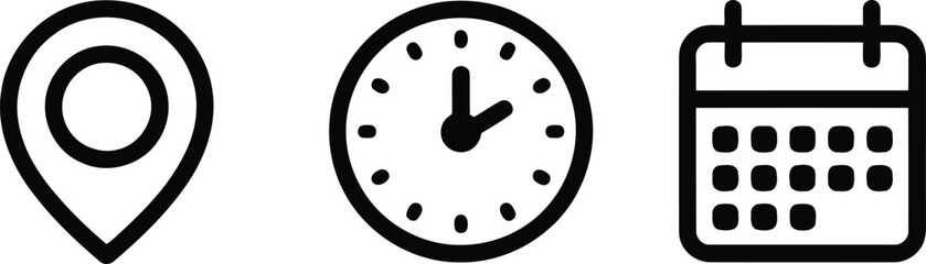 Simple black outline icons for location, time, and scheduling events on a crisp white backdrop
