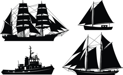 Black ship silhouette collection featuring tall sailing ships, classic sailboats and modern vessels, nautical marine vector illustration isolated on white background design set © ROKEYA