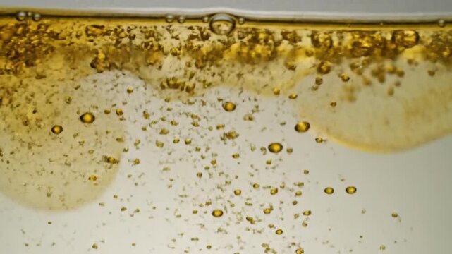 Bubbles rising to the surface of a carbonated beverage in a glass container from a close-up viewpoint