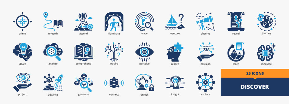 Set of a collection of discover icons suitable for web and mobile application. Set of glyph blue style icons with orient, connect, ascend, illuminate, ideate, and more icons