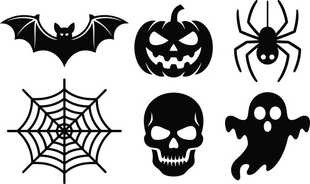 Spooky Halloween themed icons including a bat pumpkin spider web skull and friendly ghost set on white