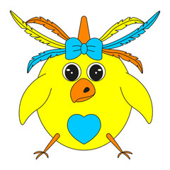 Obraz premium Funny chicken baby. Vector illustration of cute yellow chicken baby with colored feather and Unicorn horn. Editable stroke. EPS 10