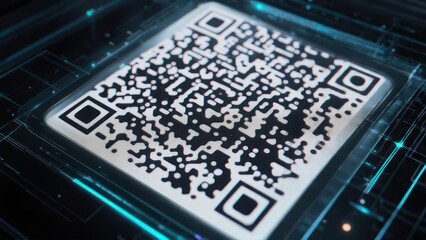 Close-up of a QR code centrally positioned on a glowing, teal-edged circuit board, suggesting digital technology and data encoding