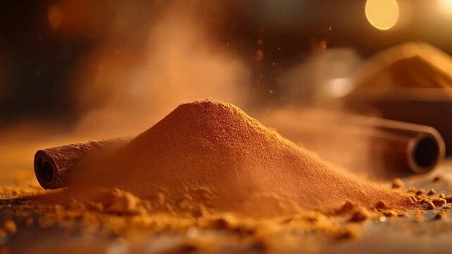 Pile of spice powder being poured from a tube onto a surface, creating a small mound with scattered particles