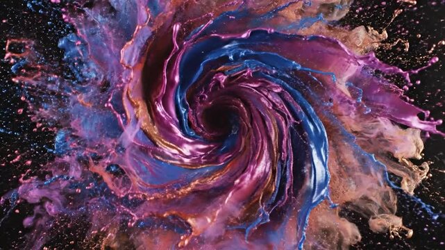 Swirling metallic paints explode outwards on a black background