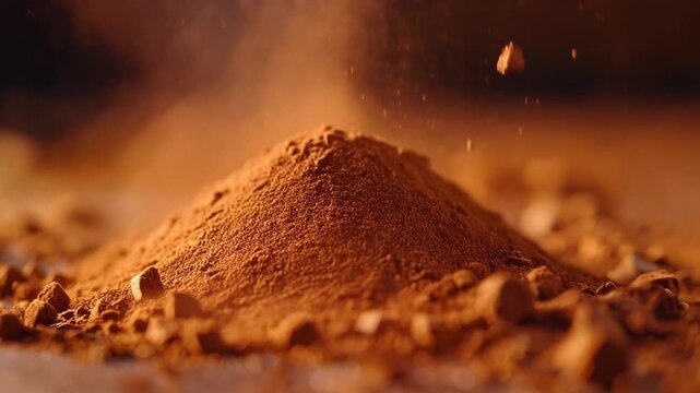Pile of brown powder with particles suspended in air, viewed from a low angle