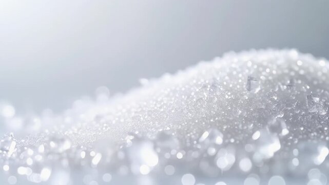 A pile of white sugar crystals glistening in the light, viewed from a close-up perspective