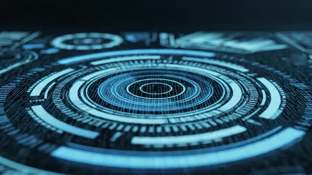 Abstract digital interface with glowing concentric blue circles and vertical lines