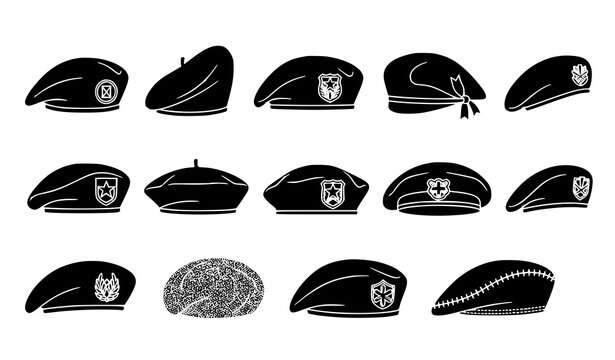 Minimalist black military berets vector icons isolated army cap set
