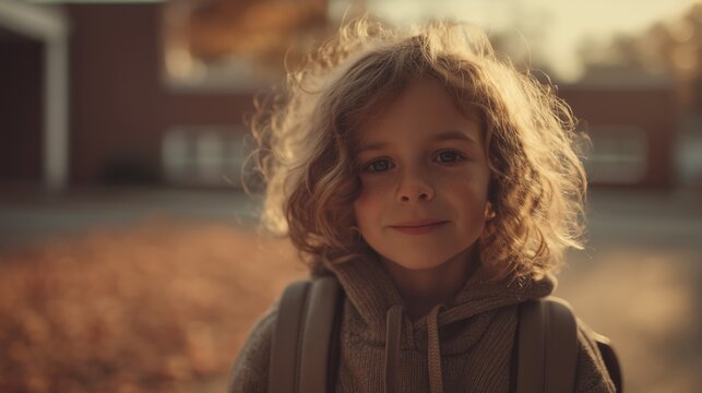 Curly-haired child in golden autumn light. Ideal for back-to-school, seasonal lifestyle, and family 