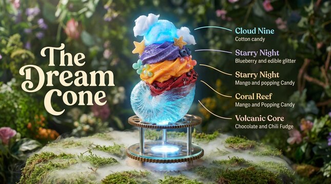Cloud Nine cotton candy Starry Night blueberry and edible glitter Starry Night mango and popping candy Coral Reef mango and popping candy Volcanic Core chocolate and chili fudge whimsical fantasy