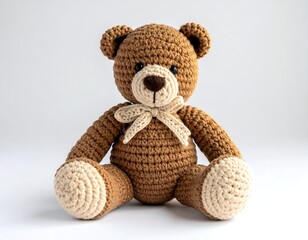 Obraz premium Crochet teddy bear with beige paws, sitting against a white background