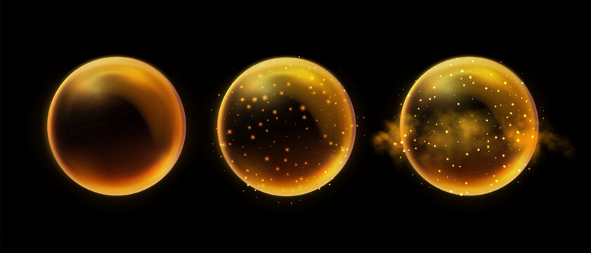 Orange magic fantasy spheres set. Crystal ball with glowing sparkles and particles. Energy orb with glow flare light effect. Isolated on transparent background. Vector illustration.